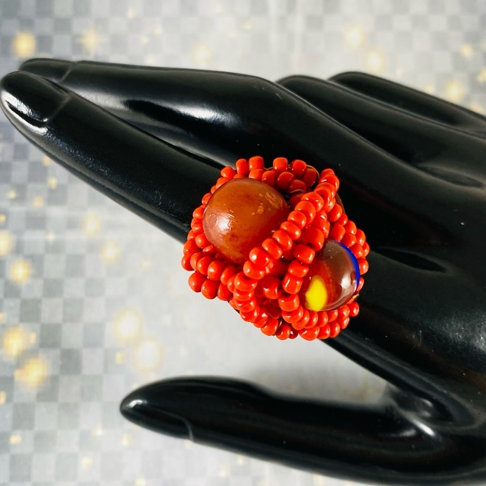 Hand made artisan multi bead copper statement ring.